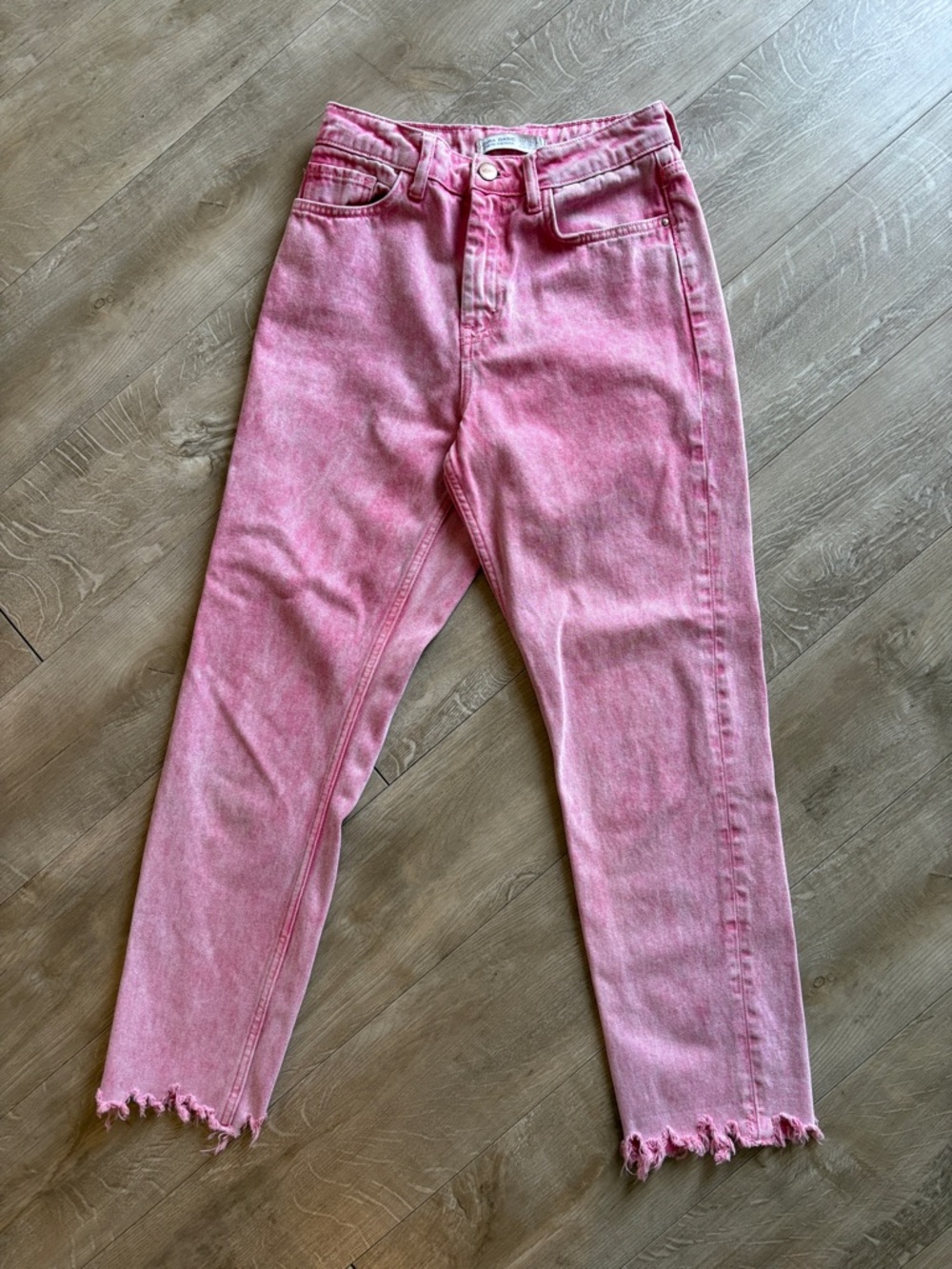 Zara Pink High-Rise Tapered Jeans with Frayed Hem Size 4
